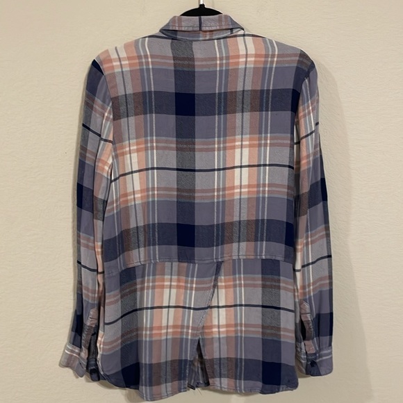 BeachLunchLounge Women Button Front Top Small Purple Plaid Flannel Fly Away Back - Picture 4 of 16